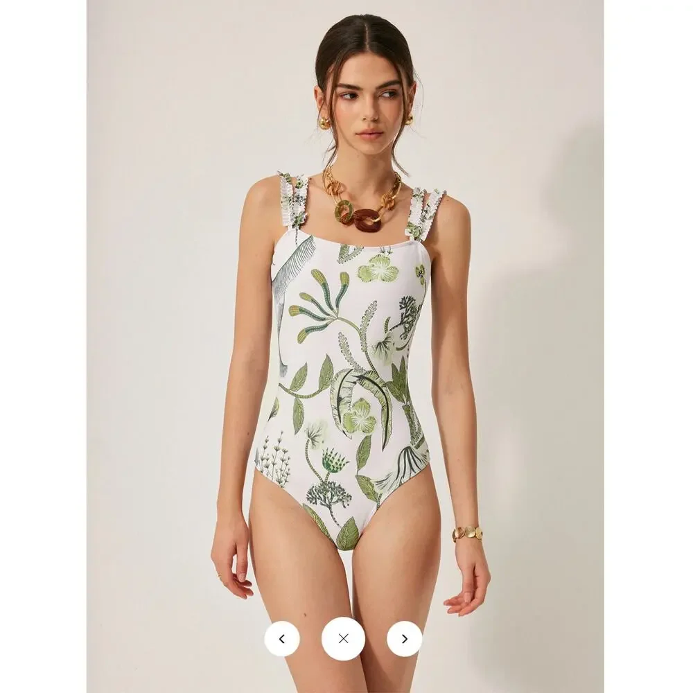 Commense Floral Print Ruffle Strap One-Piece Swimsuit and Skirt cover Up Sz L